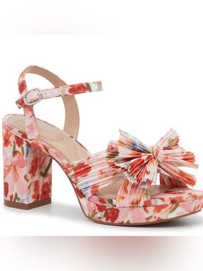 Kelly & Katie Floral Pleated Bow Platform Sandal - Coral Multi